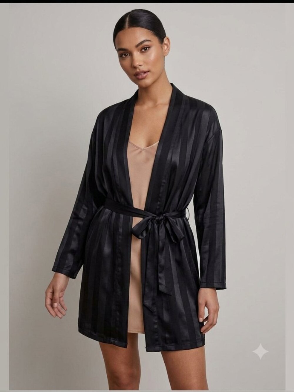 Vtg Julie Ganem France Black Striped Short Robe Small Kimono Style NightGown